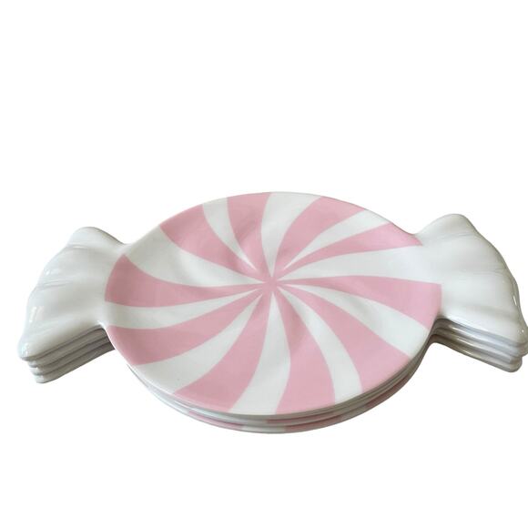 Peppermint Candy Shaped Melamine Christmas Appetizer Plate Set 4 PINK & White - Picture 4 of 13